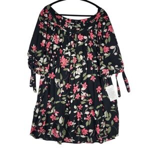 Ellos Floral Top Blouse Women's 26 Pink Black Boho Tie Sleeve Rayon Smocked Back